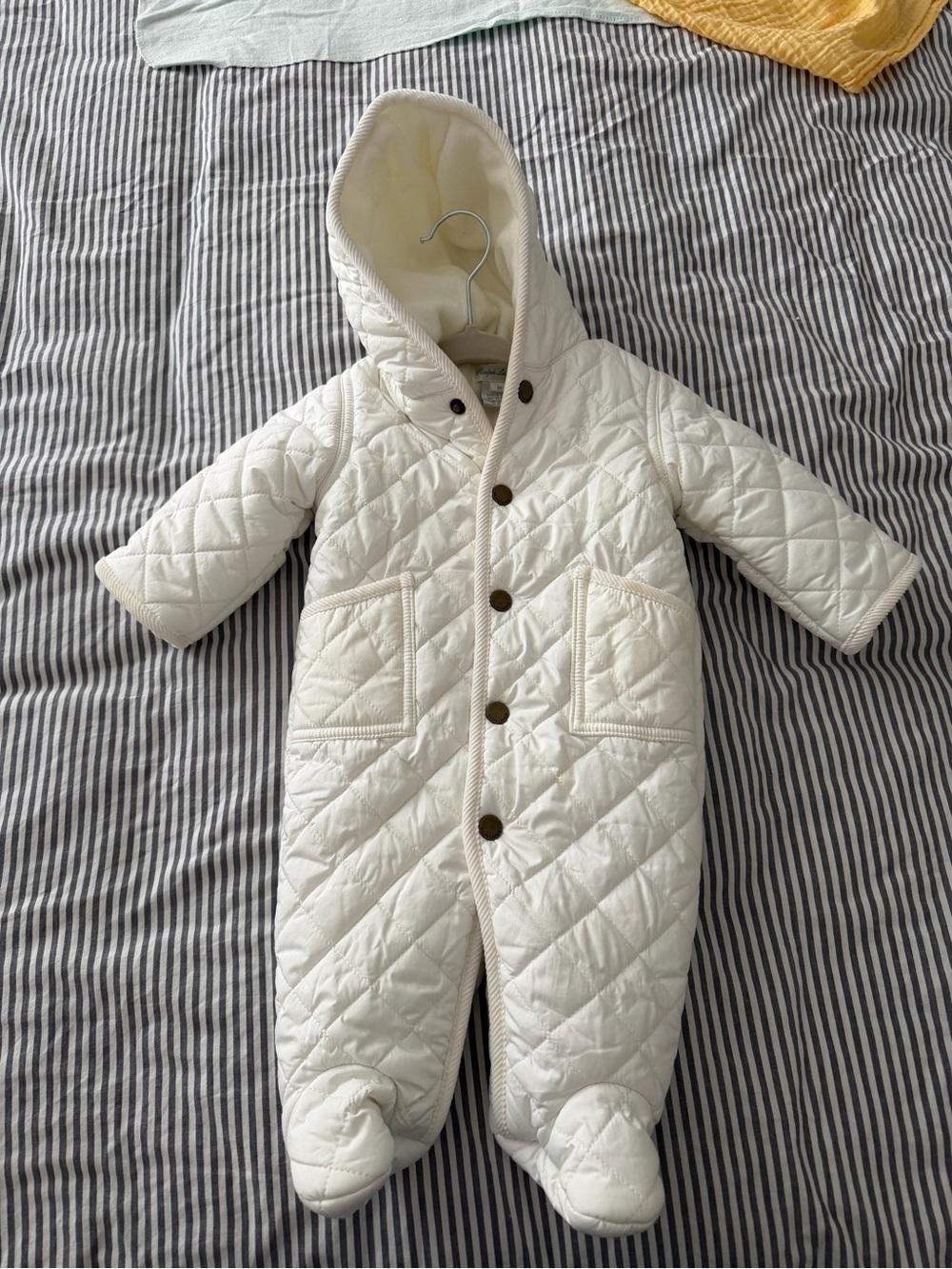 Ralph Lauren Quilted Hooded Baby One-Piece in Cream
